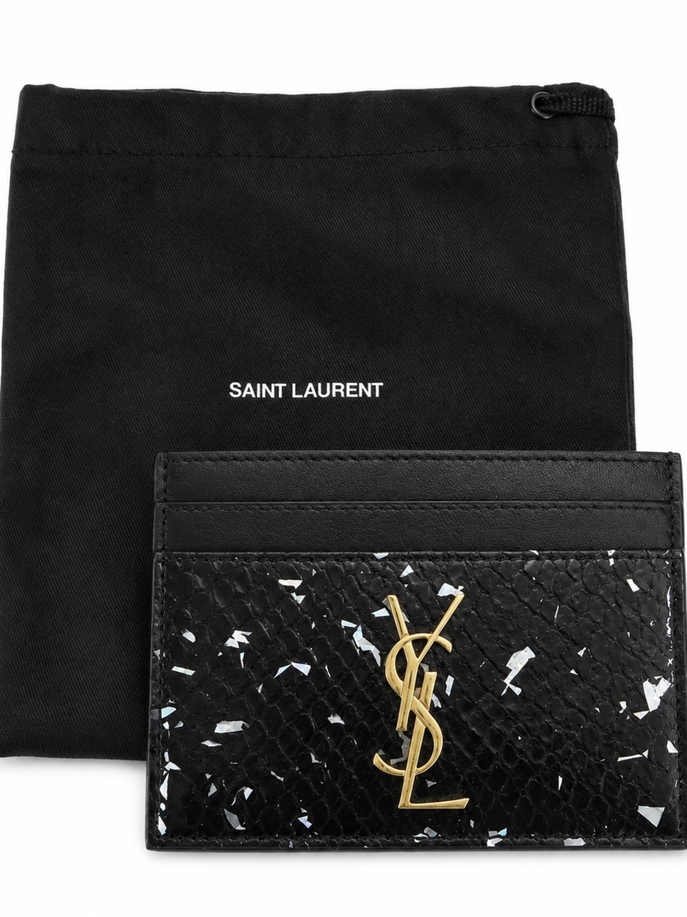 Saint Laurent Black Metallic Fleck Python Card Holder with Gold Logo